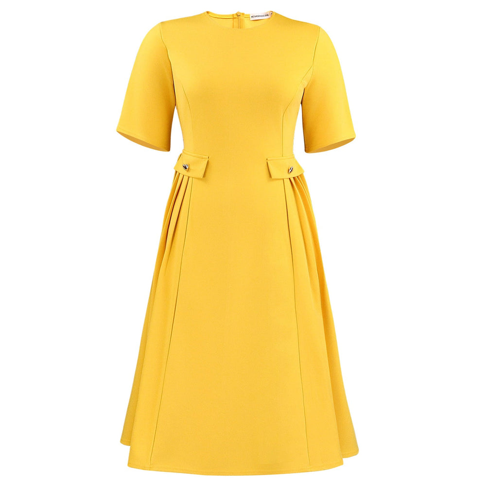 Women Wear Summer round Neck Short Sleeve Elegant Solid Color Midi Dress