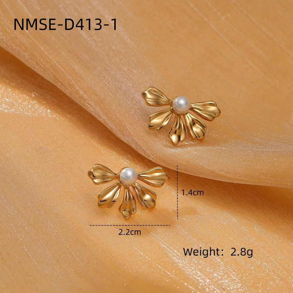 Light Luxury Titanium Steel Pearl Floral High Grade Earrings Simple Elegant Exaggerated Design Stainless Steel Studs
