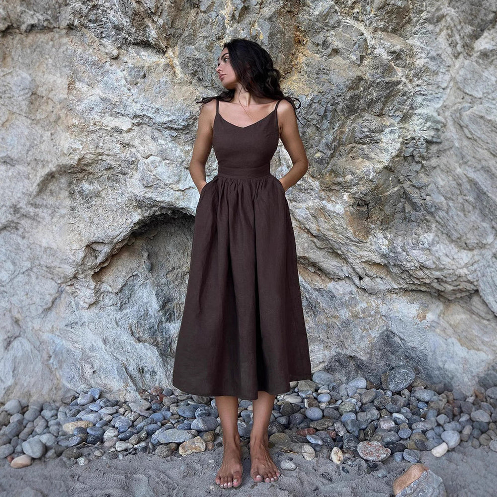 Pure Cotton V neck with Shoulder Straps Women Spring Elegant Sexy Lace up Backless Dress