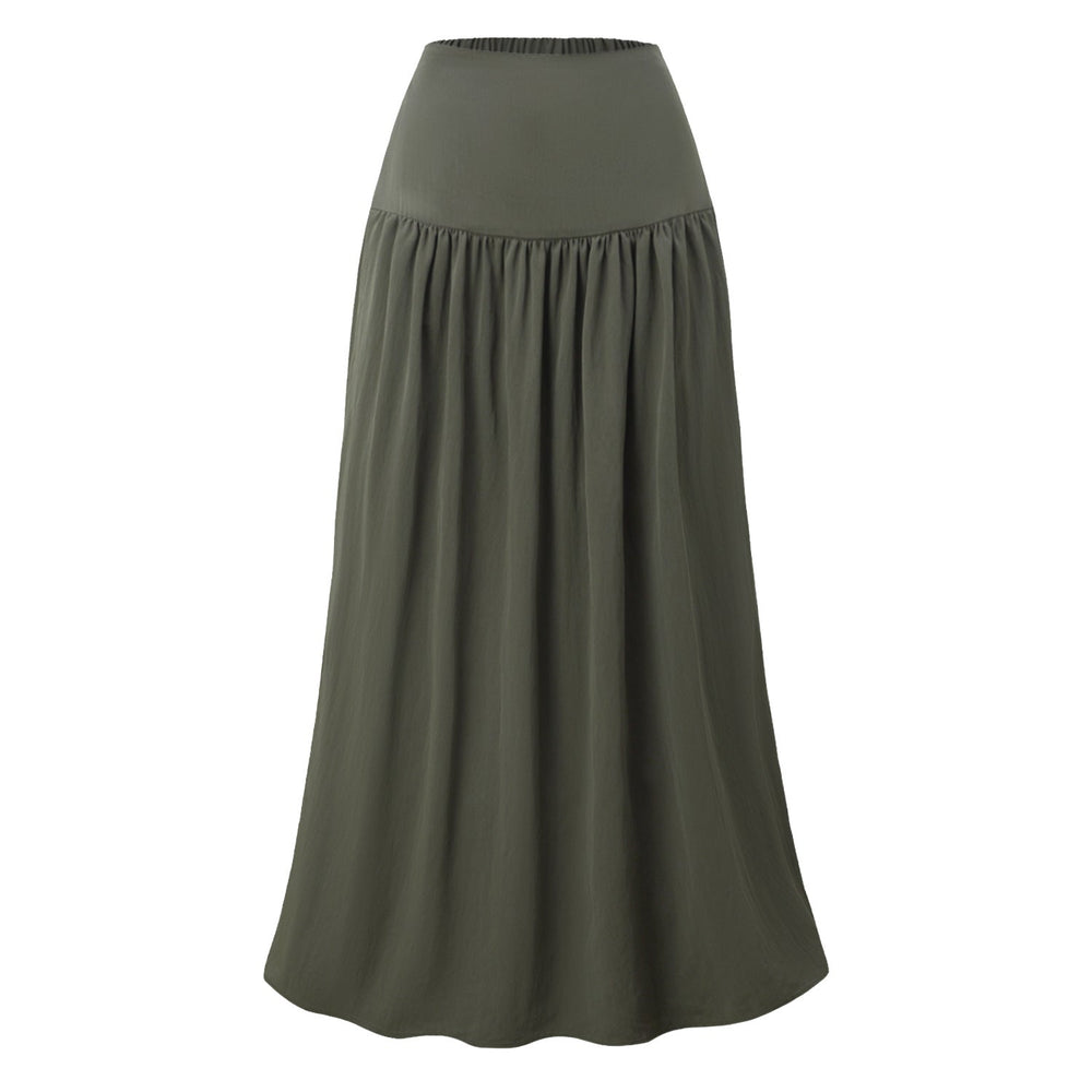 Women Cotton Pocket Skirt High Waist Back Elastic Dress Loose Pleated Large Swing Skirt