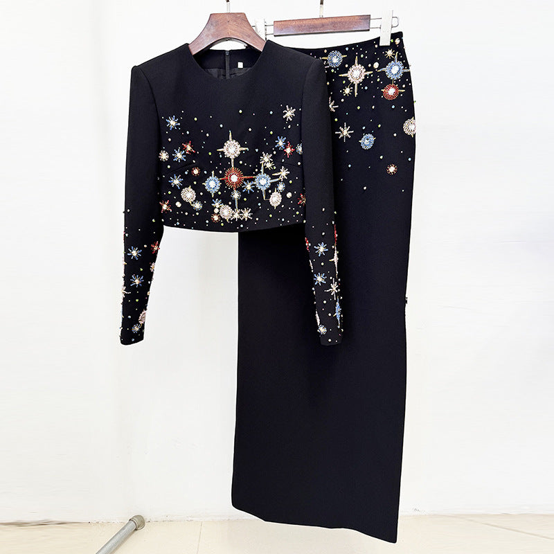 Women Rhinestone Beaded Short Top Skirt Two Piece Set