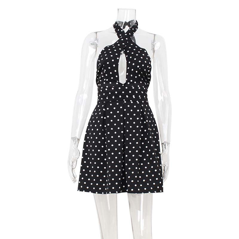 Sexy Hollow Out Cutout-out Halter Backless Polka Dot Print Dress Cinched Short Dress