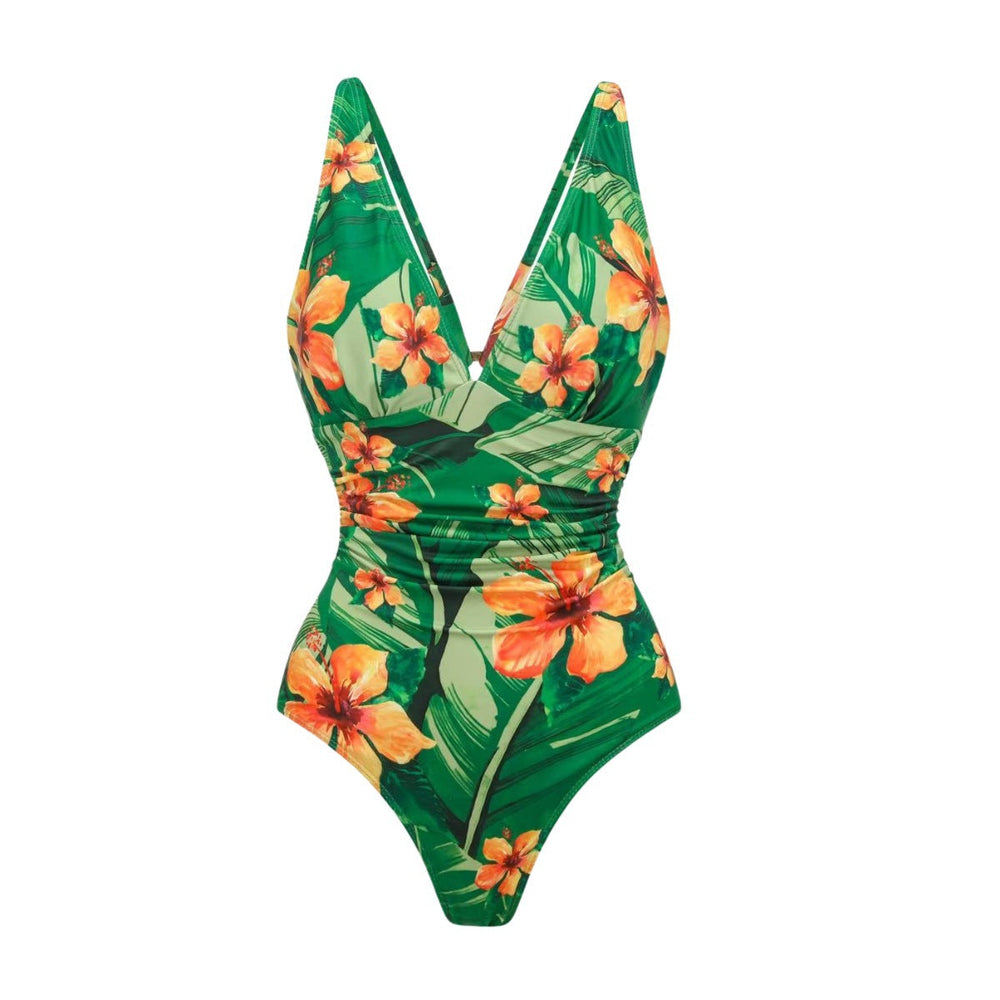Swimsuit Green Banana Floral Print One Piece Swimsuit Set Women