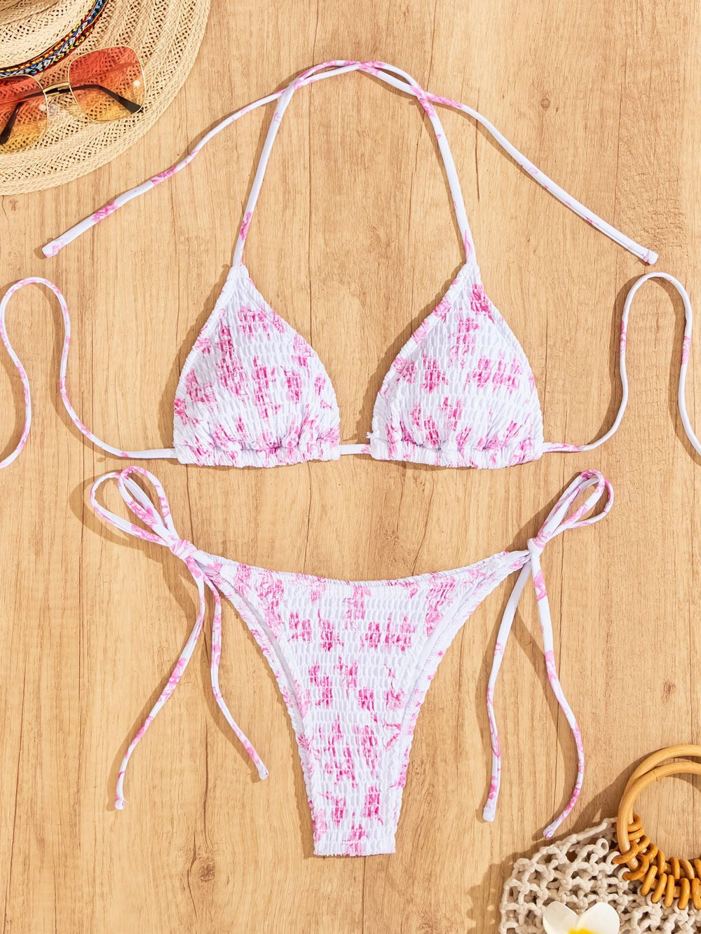 Bikini Printing Smocking Leopard Print Triangle Cup Sexy Split Bikini Swimsuit for Women