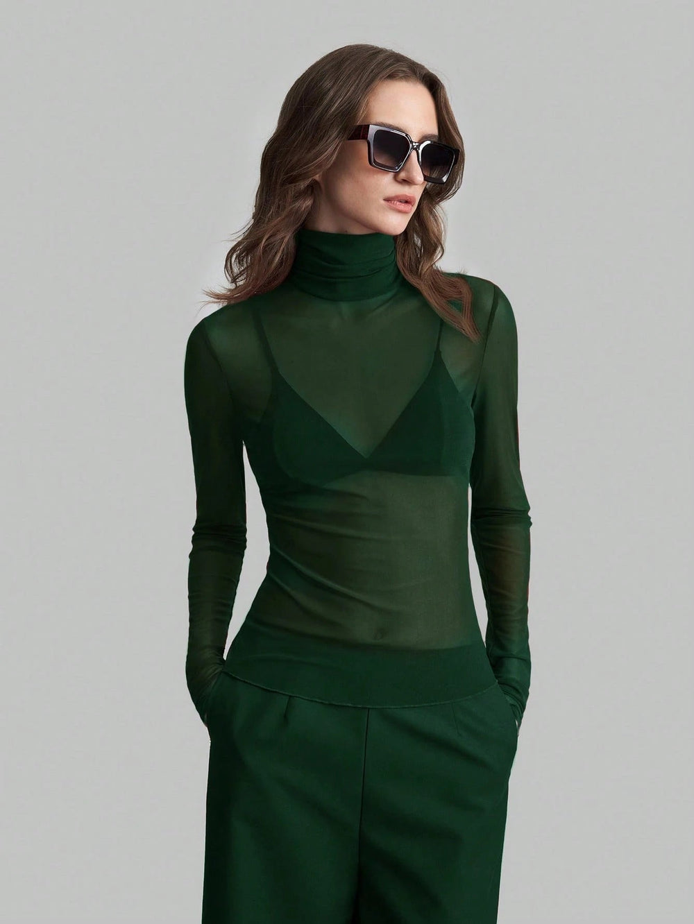 Autumn Winter Stand Collar Solid Color Mesh Slim Fit Slimming Long Sleeves Office Top