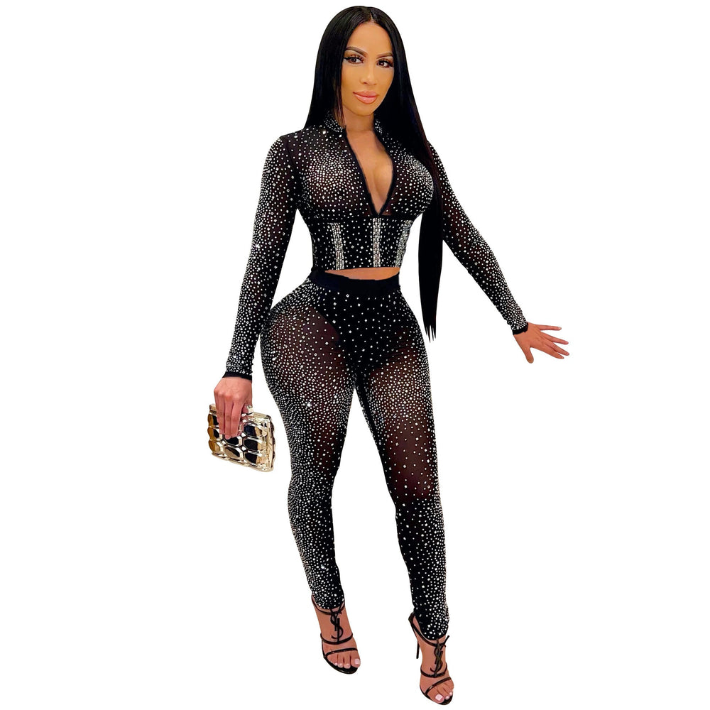 Women Clothing Sexy Tight Mesh See-through Long Sleeve Rhinestone Two-Piece Set Blouse Pants Women