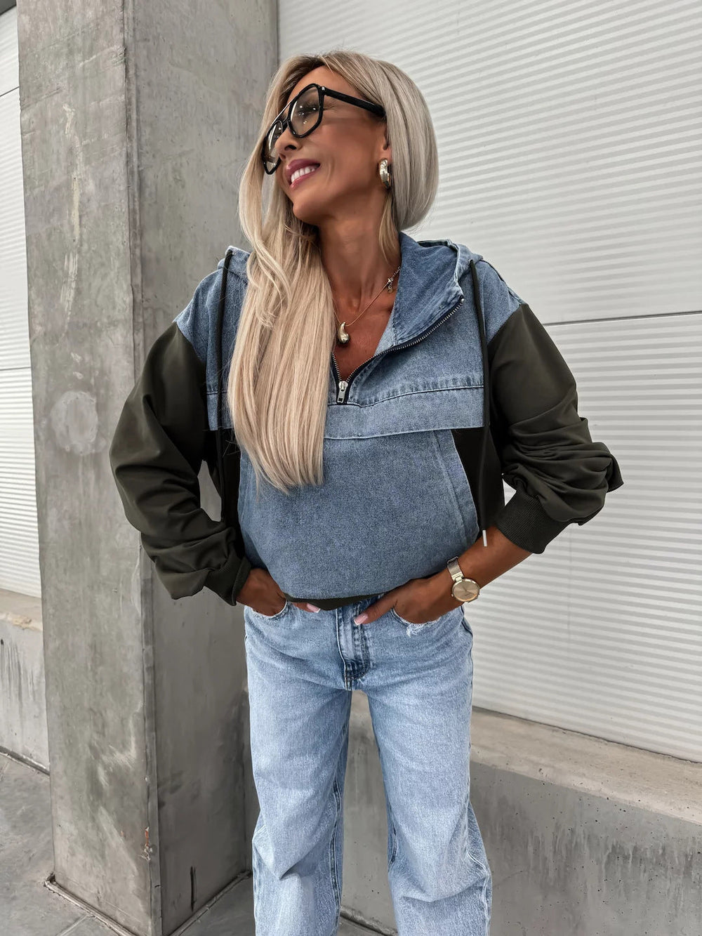 Fall Loose Casual Washing Water Denim Stitching Hooded Women Sweatshirt