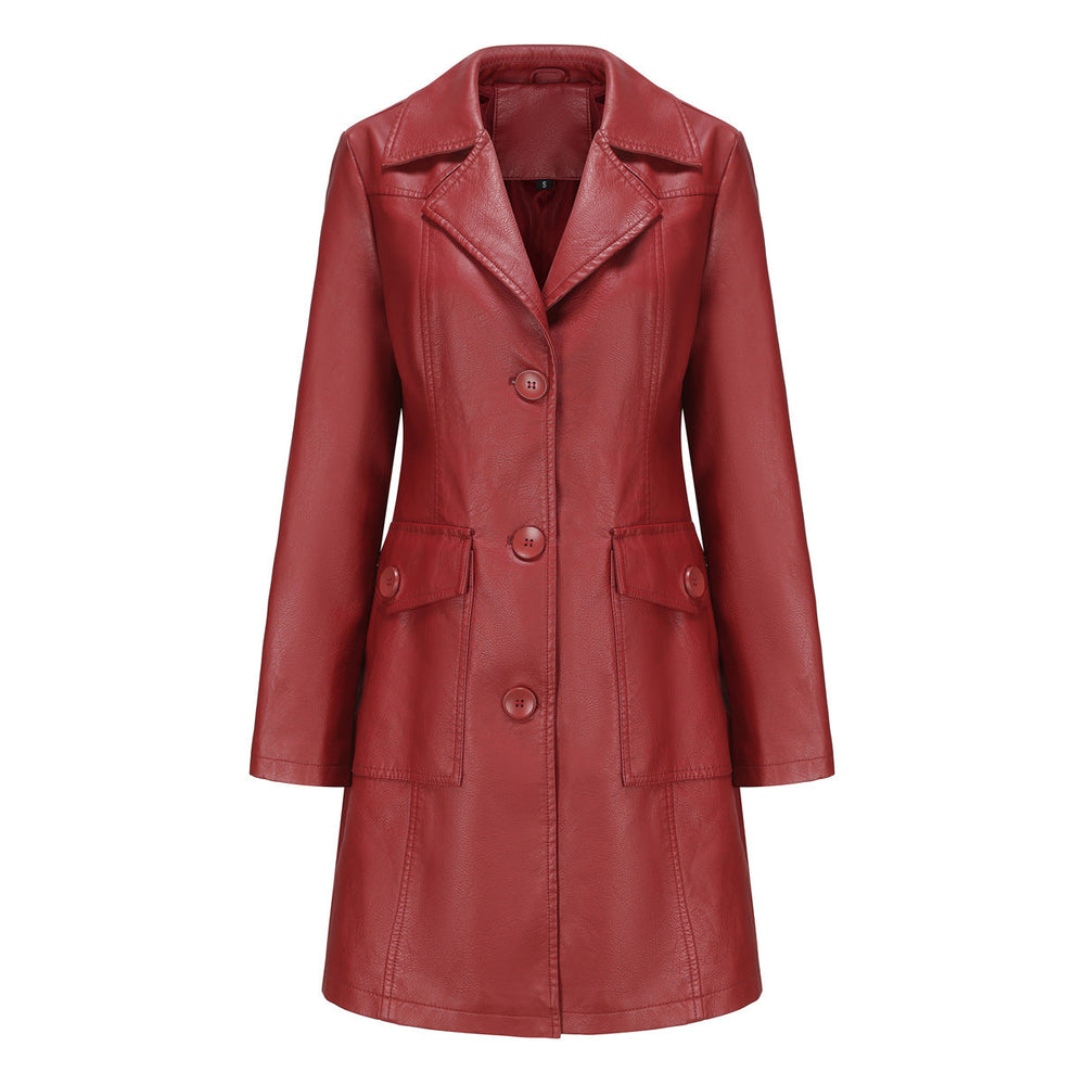 Long Leather Coat Spring Autumn Long Sleeve Leather Wind Coat British Coat Women Collared Single Breasted