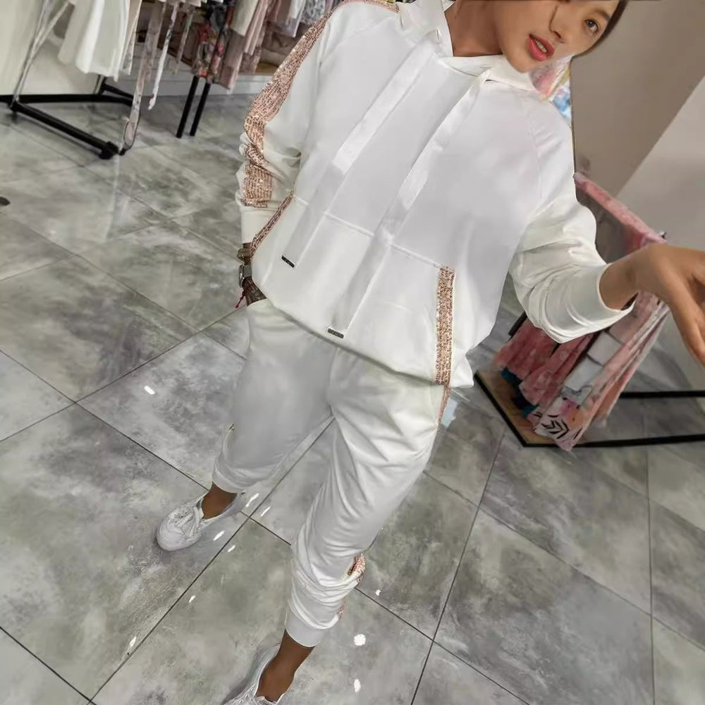 Casual Sequin Pocket Sports Hooded Sweatshirt Sweatpants Suit