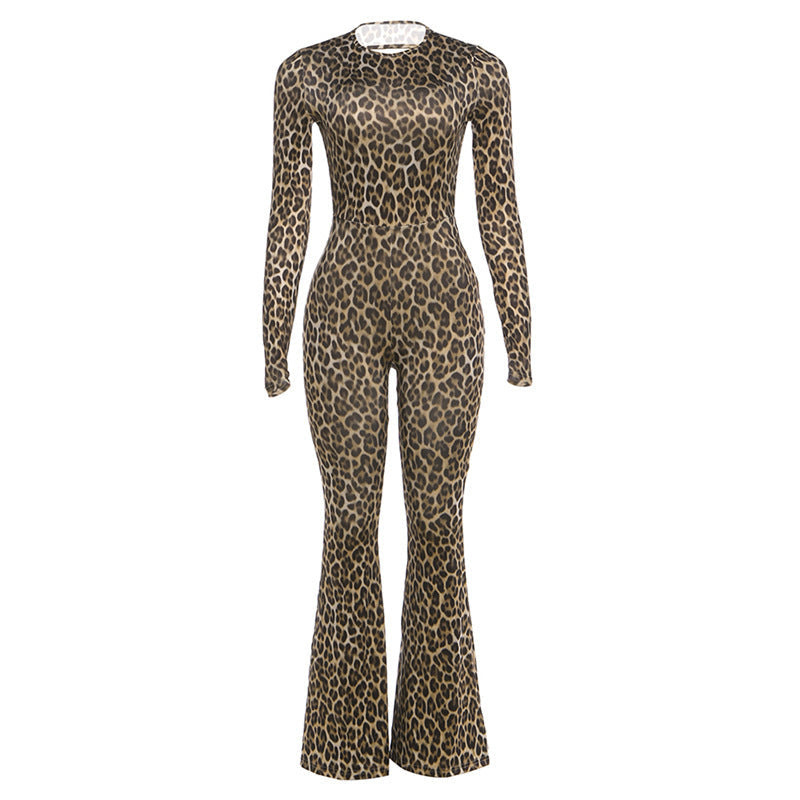 Spring Women Clothes Personality round Neck High Waist Slim Fit Backless Leopard Print Long Sleeve Jumpsuit Women