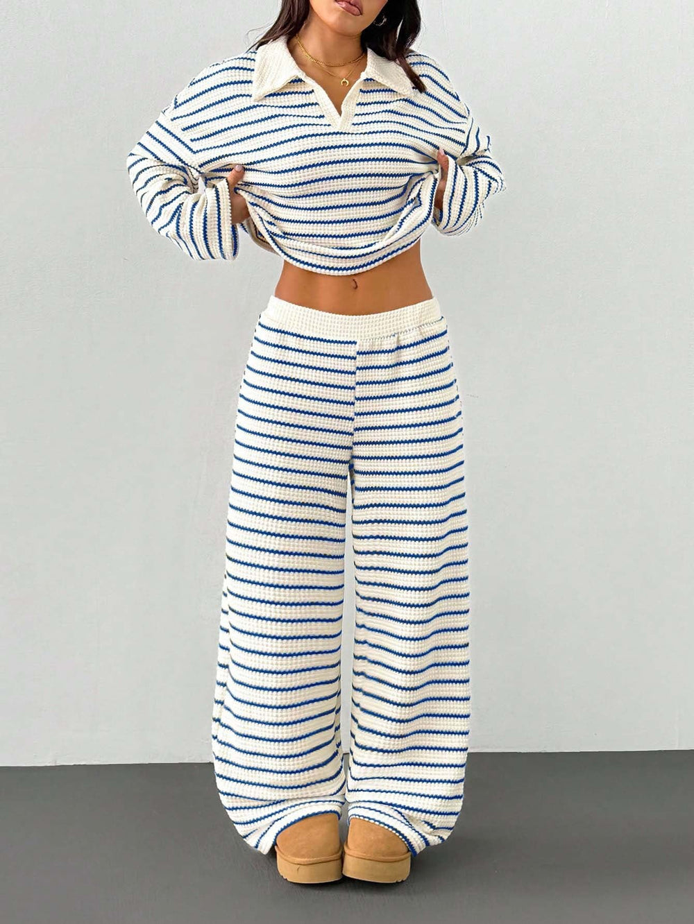 Striped Knitted Contrast Color Lapels V neck Long Sleeved Top Casual Two Piece Sets
