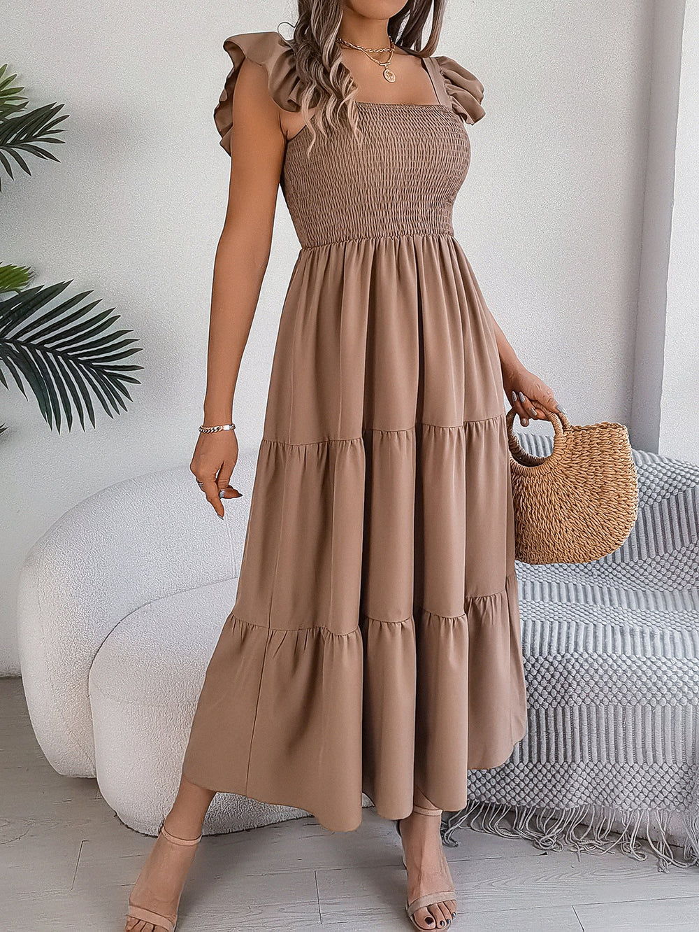 Summer Solid Color Square Collar Wooden Ear Waist A line Dress Women Clothing