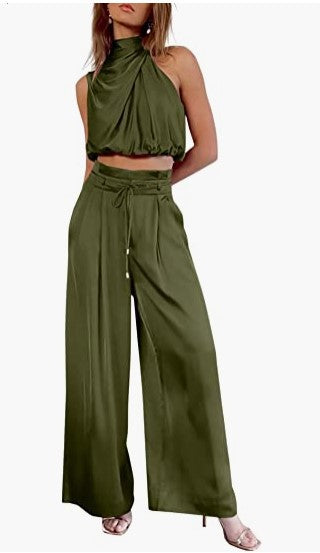 Women Casual Sleeveless Collar Two Piece Sets Wide Leg Pants Summer Cropped Top