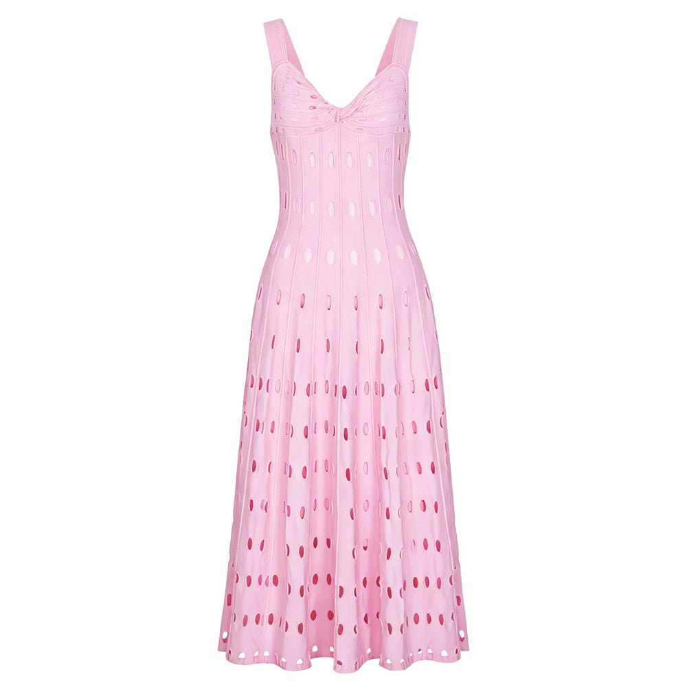 Summer Sleeveless V neck Knitted All Matching Slim Fit Figure Flattering Sleeveless Sling Mid Length Dress