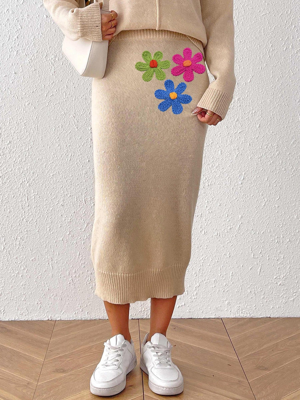 Women Clothing Mid Length Elegant Skirt Embroidered Floral Stitching Woolen Skirt