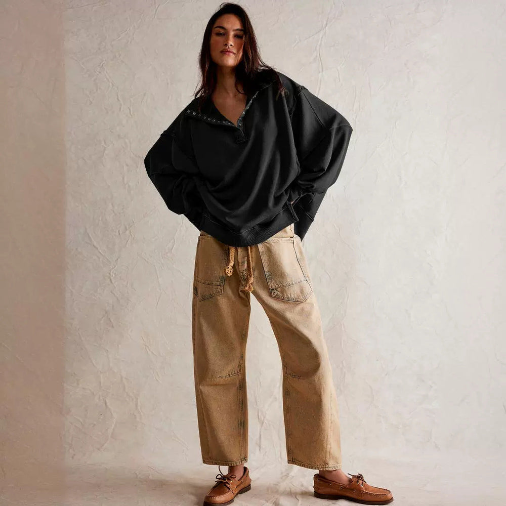 Decorative Moulding Design Blouse Split Lantern Sleeve Polo Collar Sweatshirt Coat for Women Spring Autumn