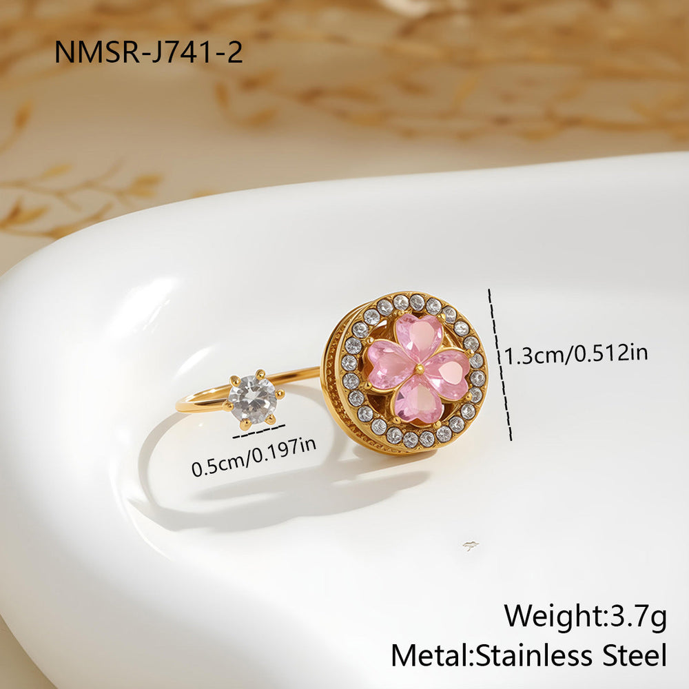 Inlaid Zircon Rotatable Clover Stainless Steel Necklace Light Luxury Titanium Steel Ring Hand Jewelry