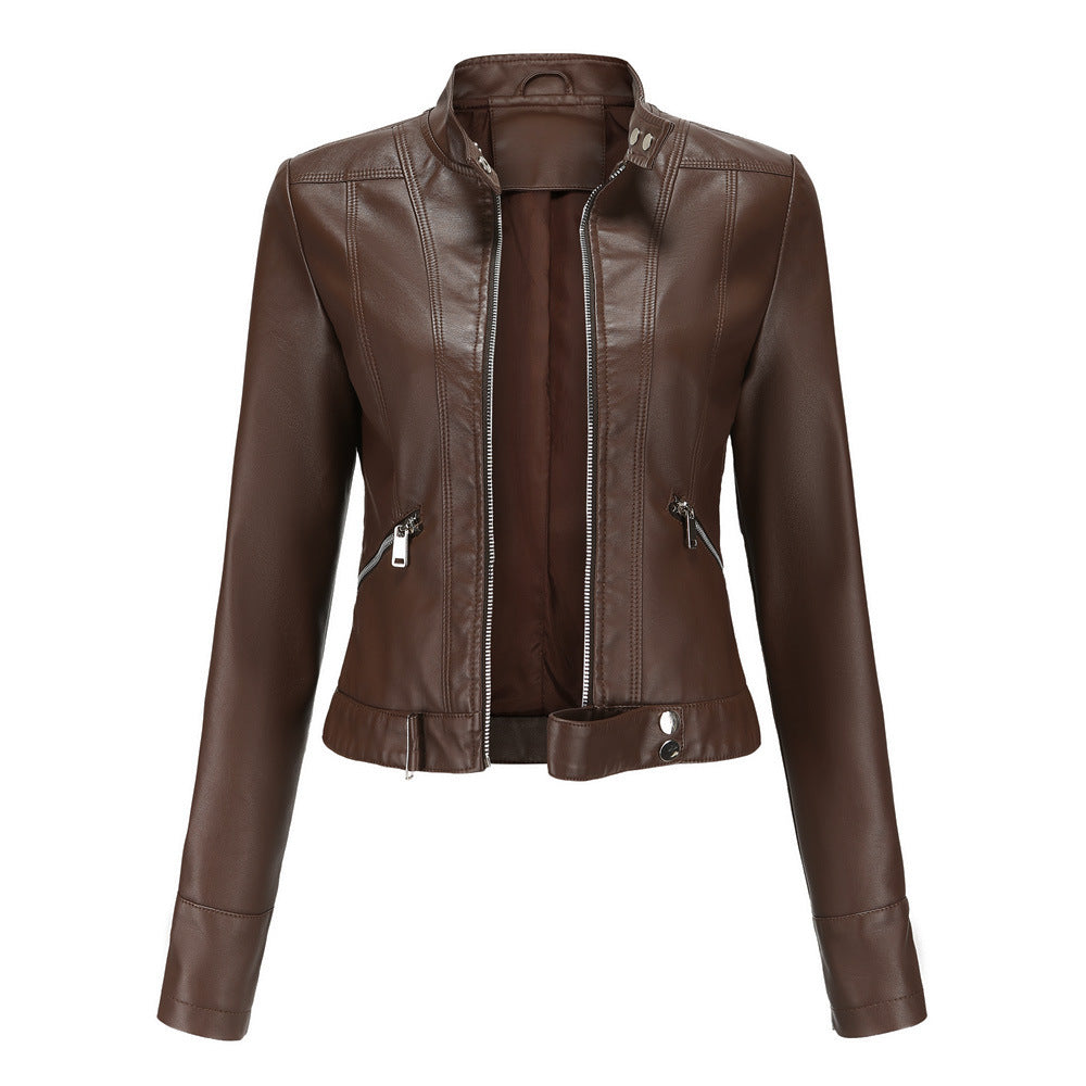 New Leather Coat Women Short Jacket Spring Autumn Stand Collar Lady Leather Jacket Women Clothing Thin Leather Coat