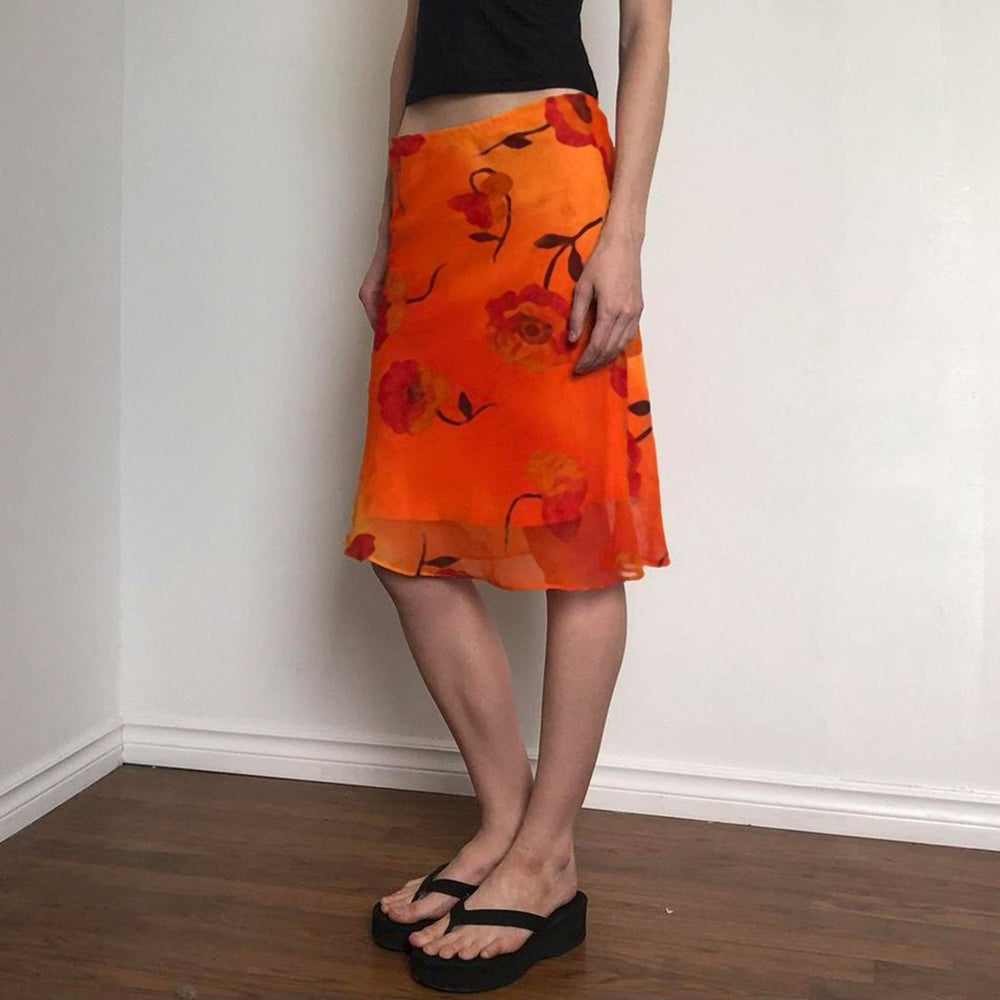 Chinese Retro Floral Print Rendering Contrast Color Sheath Skirt Vacation Chiffon Mesh Midi Skirt
