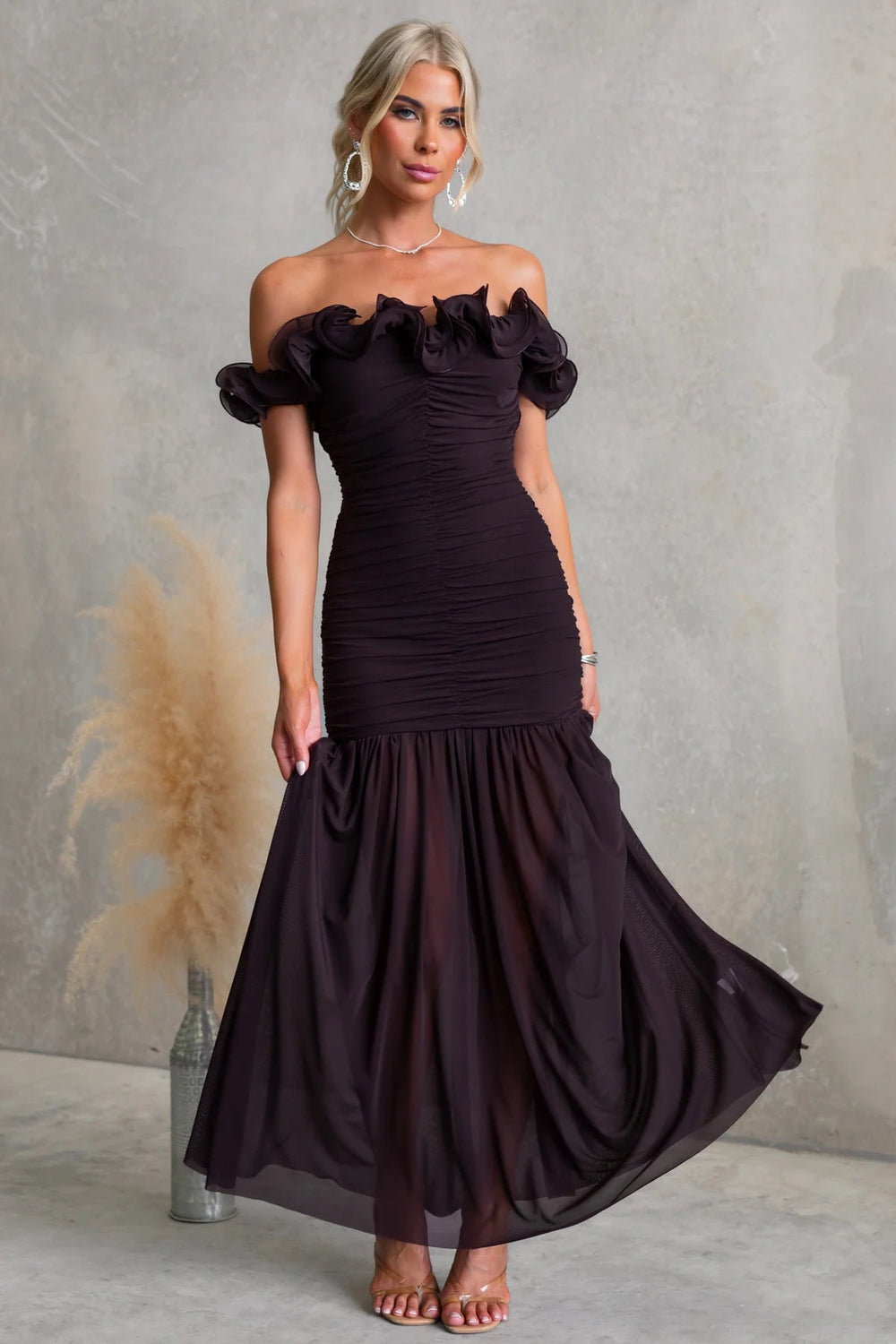 Spring Summer Solid Color Mesh Slim Fit Sexy Vacation off Shoulder Dress