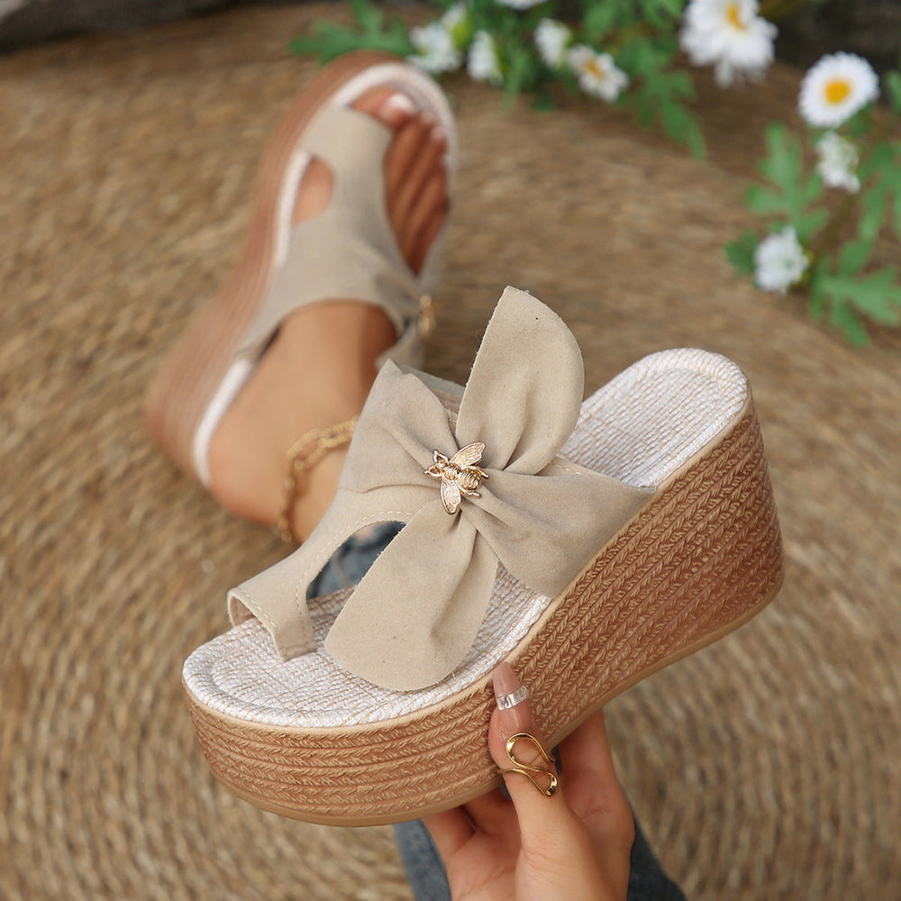 Metal Buckle Suede Toe Covering Wedge Slippers Women Bow Platform Muffin Beach Sandals