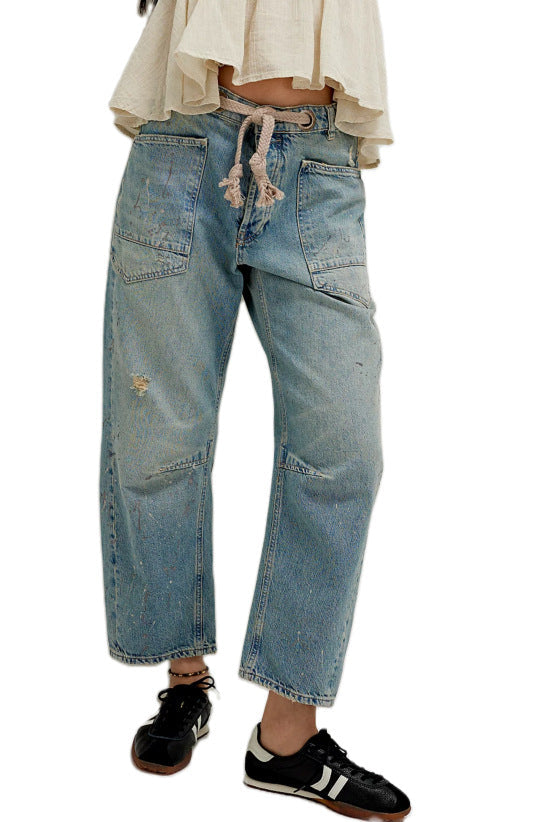 Eight Colors Retro Washed Stitching Patchwork Splash Ink Straight Drawstring