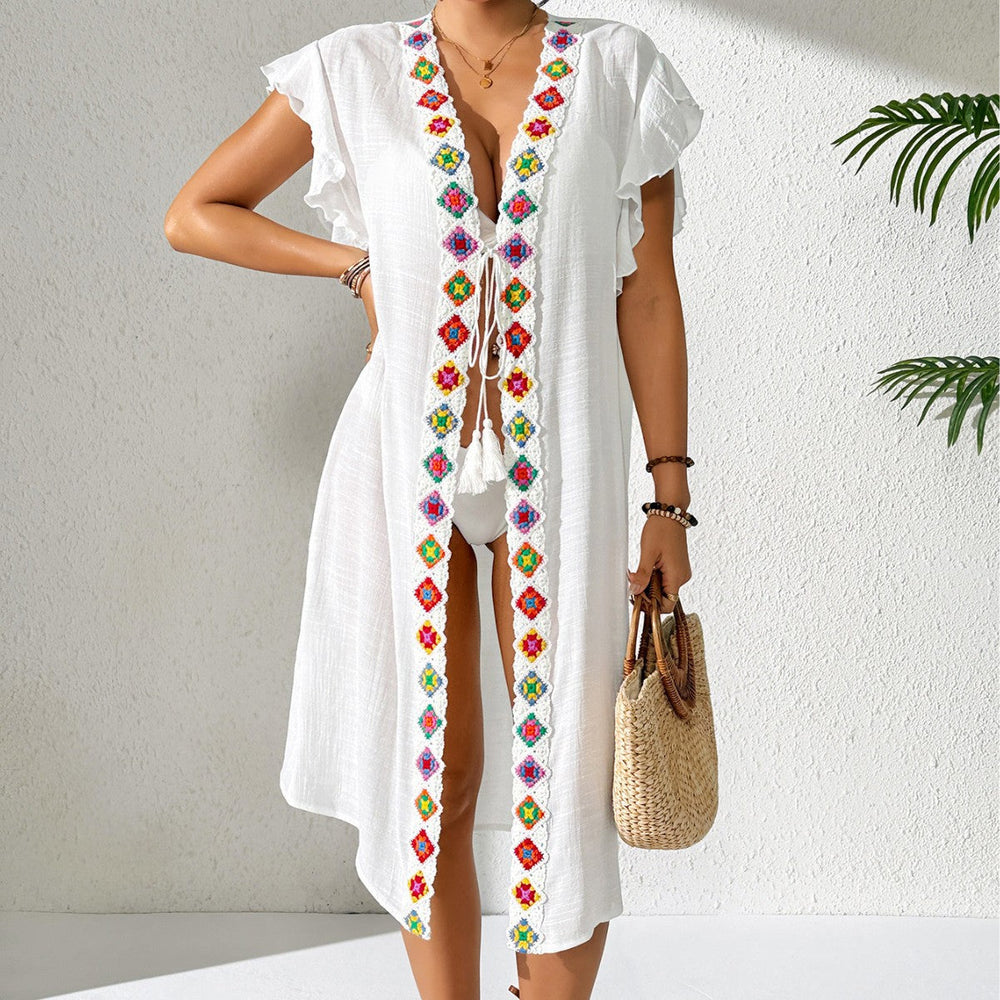 Women Beach Beach Cover Up Women Sun Protection Coat Imitation Hand Crocheting Lace Patchwork Ruffled Lace up Cardigan