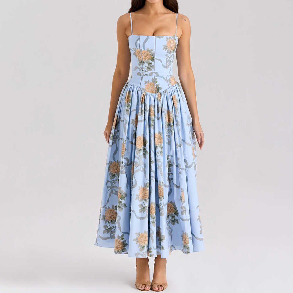 Sexy Printing Slip Dress Summer Slim Fit Backless Maxi Dress Elegant High Sense Summer Beautiful Dress