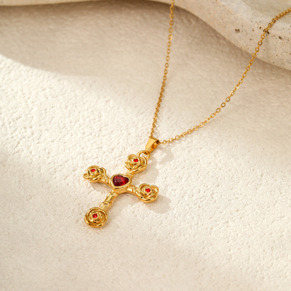 Elegance Retro Advanced Necklace Stainless Steel 18K Gold Color Diamond Rose Cross Embellished