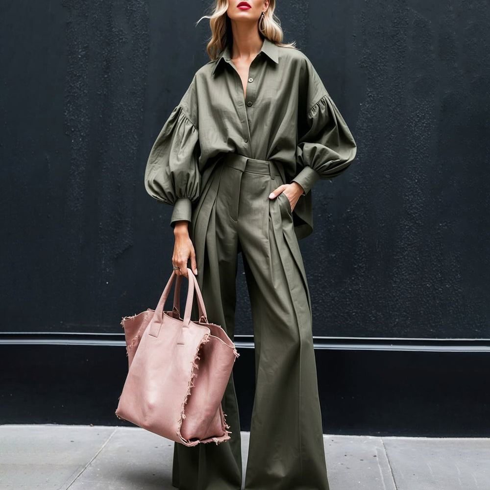 Autumn Solid Color Long Sleeved Shirt Wide Leg Pants Cotton Linen Two Piece Sets