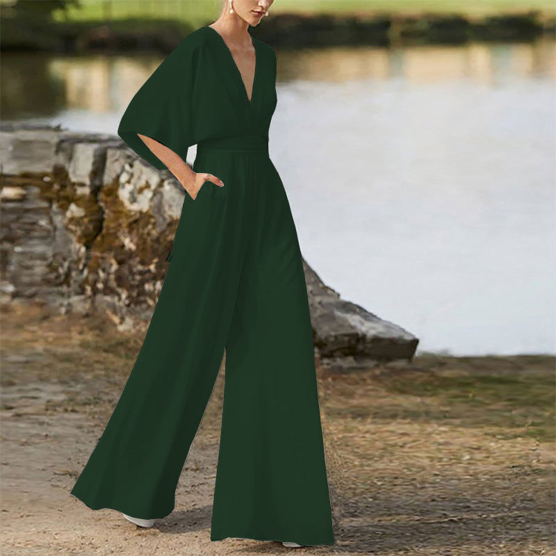 Winter Women Dress Jumpsuit Deep V Plunge High Waist Wide Leg Trousers