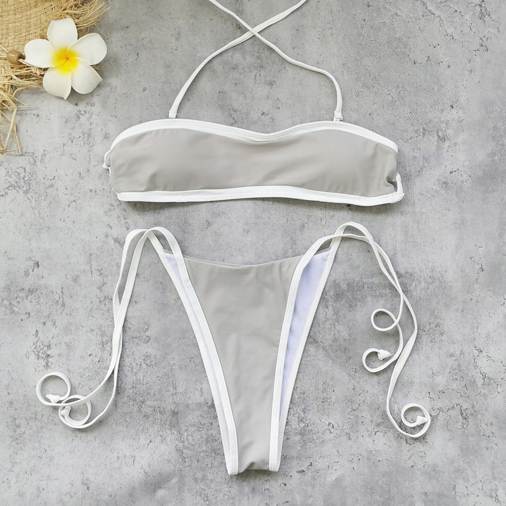 Halter Strap Solid Color Tube Top Low Waist Bikini Sexy Backless Briefs Split Swimsuit Women