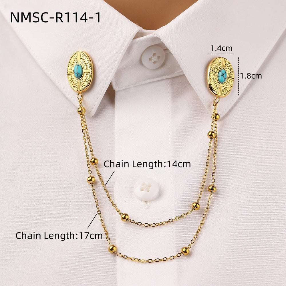 Oval Turquoise Stainless Steel Collar Pin All Match Shirt Neckline Ornament Women