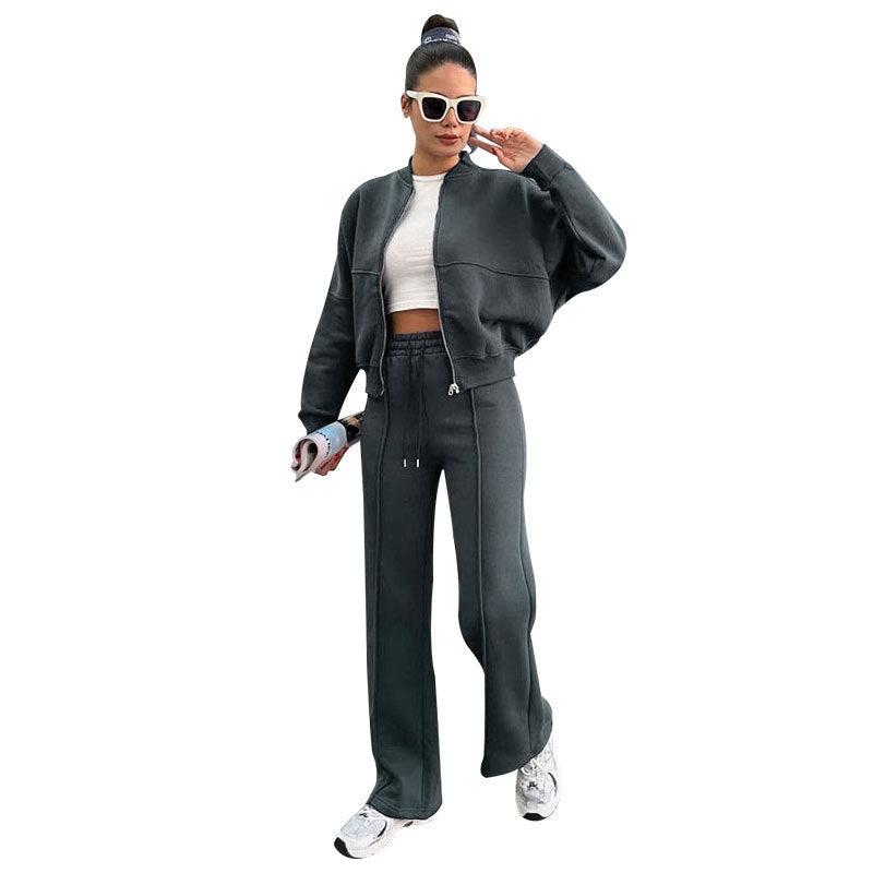 Autumn Winter Solid Color with Fur Zipper Cardigan Women Clothes Casual Straight Pants Two Piece Sets