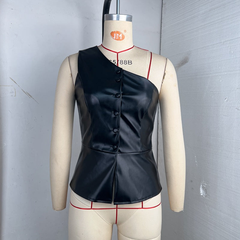 Summer Women Single Breasted Short Faux Leather Shoulder Sexy off Shoulder Vest