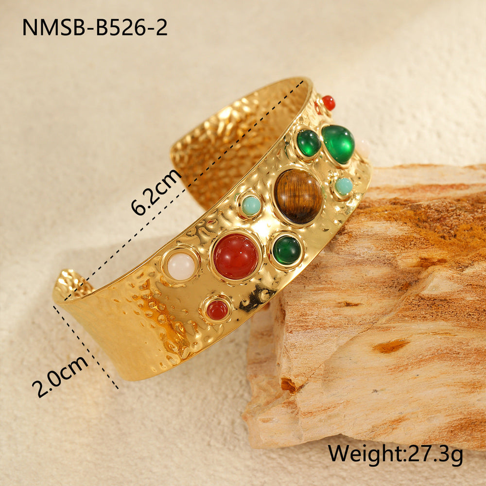 Medieval Titanium Steel Bracelet Color Natural Stone Special Interest Design Stainless Steel Open Ended Bracelet