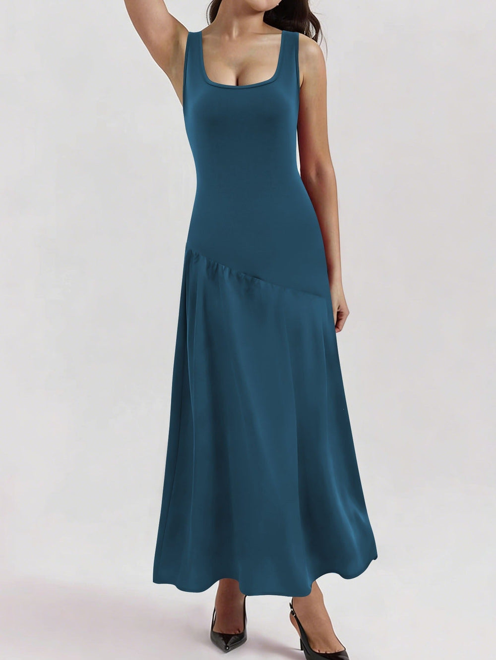 Summer U Neck Sleeveless Vest Dress Elegant Graceful Asymmetric Slim Fit Patchwork Maxi Dress
