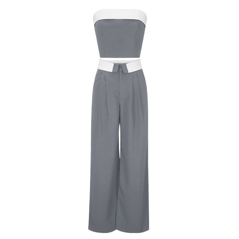 Spring Summer Contrast Color Vest Wide Leg Work Pant Casual Two Piece Suit