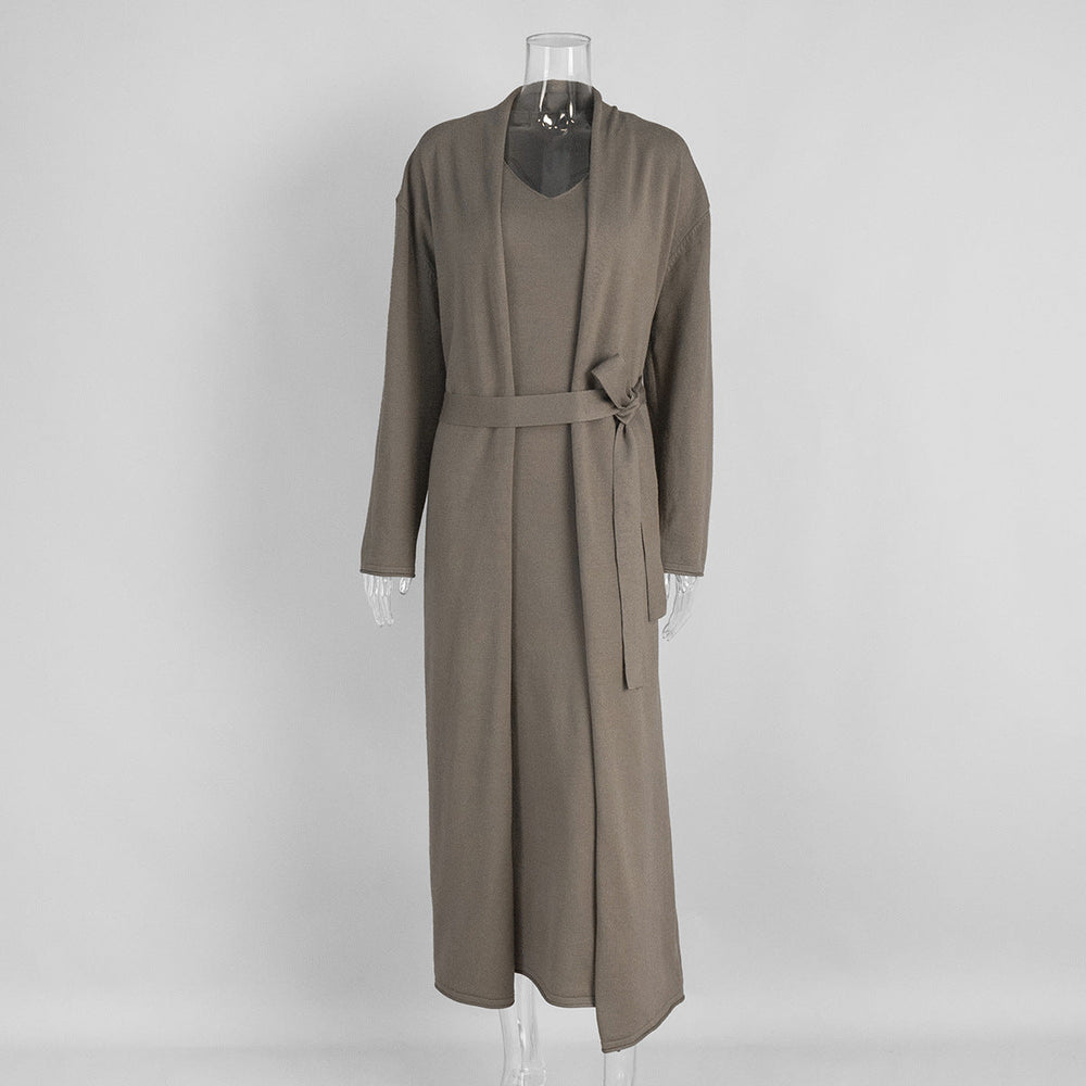 Women Knitted Long Sleeve Cardigan Sling Dress Set Autumn Soft Blouse