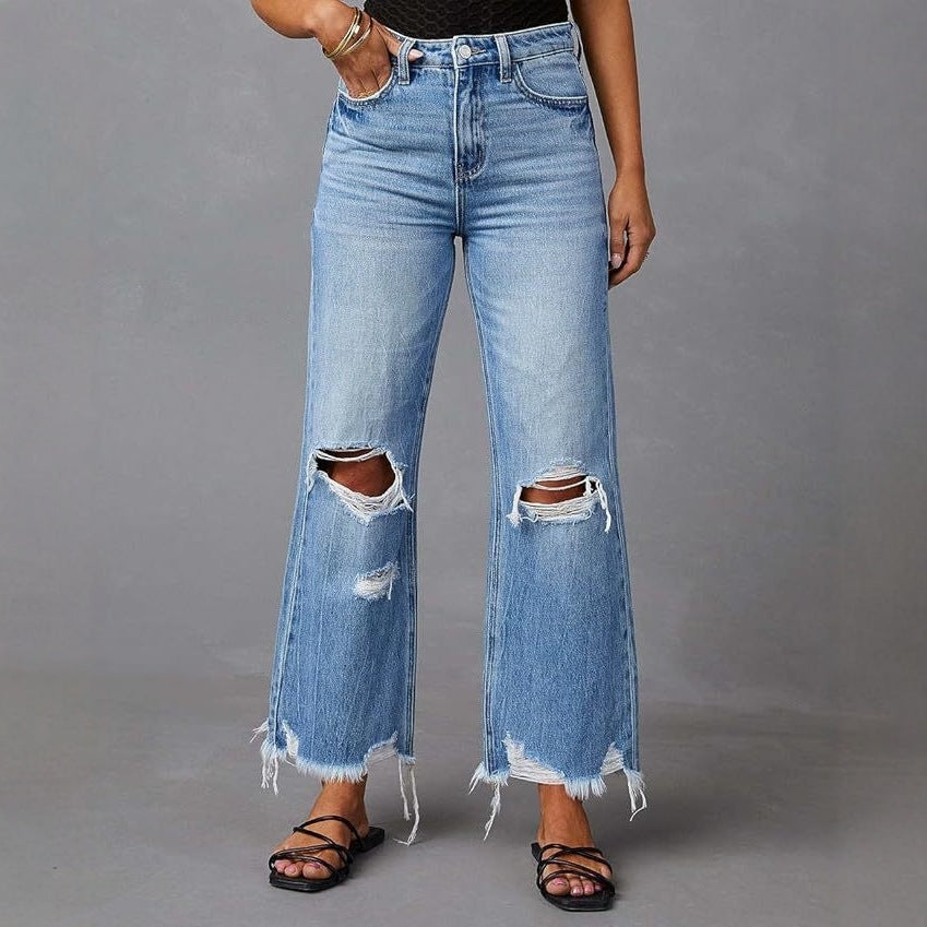 Ripped Tassel Washed Wide Leg Women Jeans