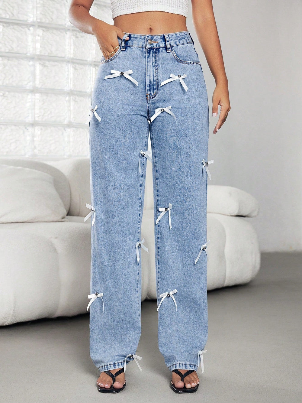 Bow Ribbon Women' Four Seasons Women Wide Leg Denim Trousers