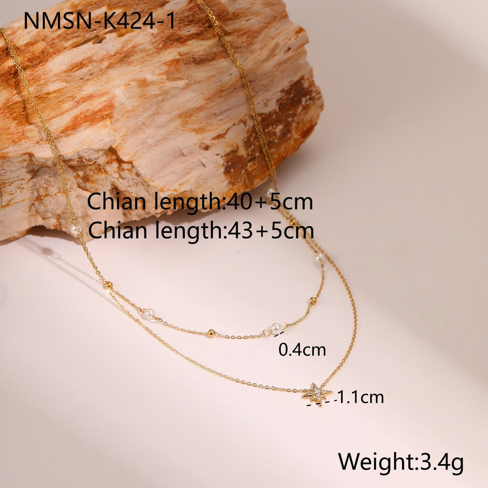 Double Layer Six Pointed Star Rhinestone Pearl Stainless Steel Necklace 18K Gold Plating Ornament