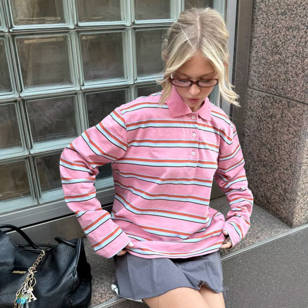 Long Sleeved Striped T shirt Women Spring Summer Polo Collar Loose T shirt Trendy Retro Bottoming T shirt