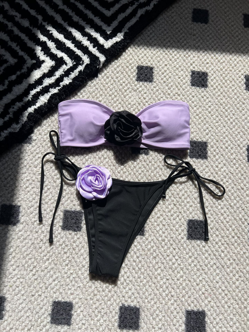Color Matching Rose Tube Top Lace up Drawstring Strap Split Swimsuit Bikini