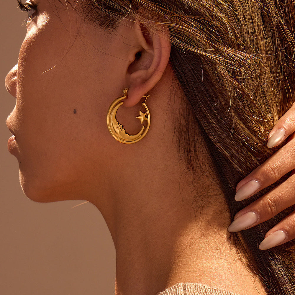 Retro Star Ring Shaped Hollow Out Cutout Stud Earrings Stainless Steel Ear Ring Premium Niche Design Earrings
