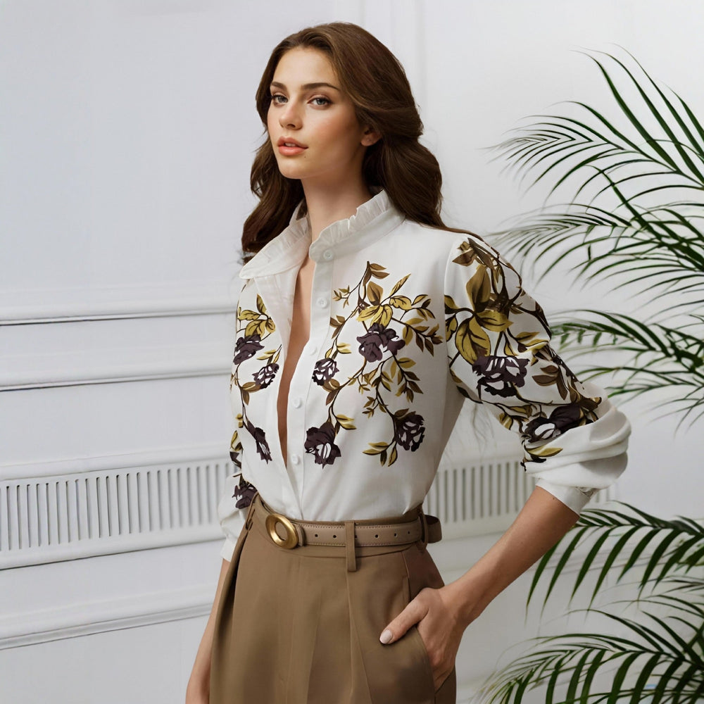 Women Clothing Office Printed Long Sleeved Shirt