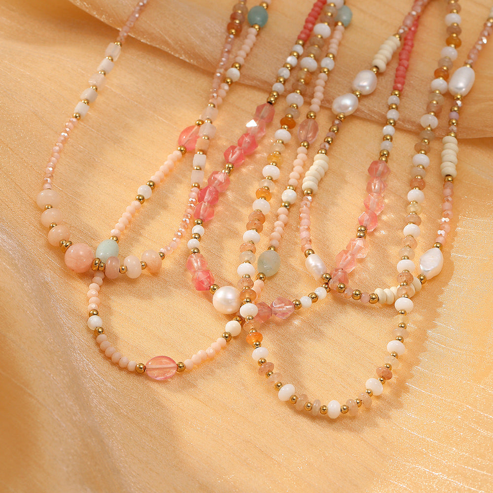 Colorful Natural Stone Handmade Beaded Titanium Steel Necklace Affordable Luxury High Grade Freshwater Pearl Embellished