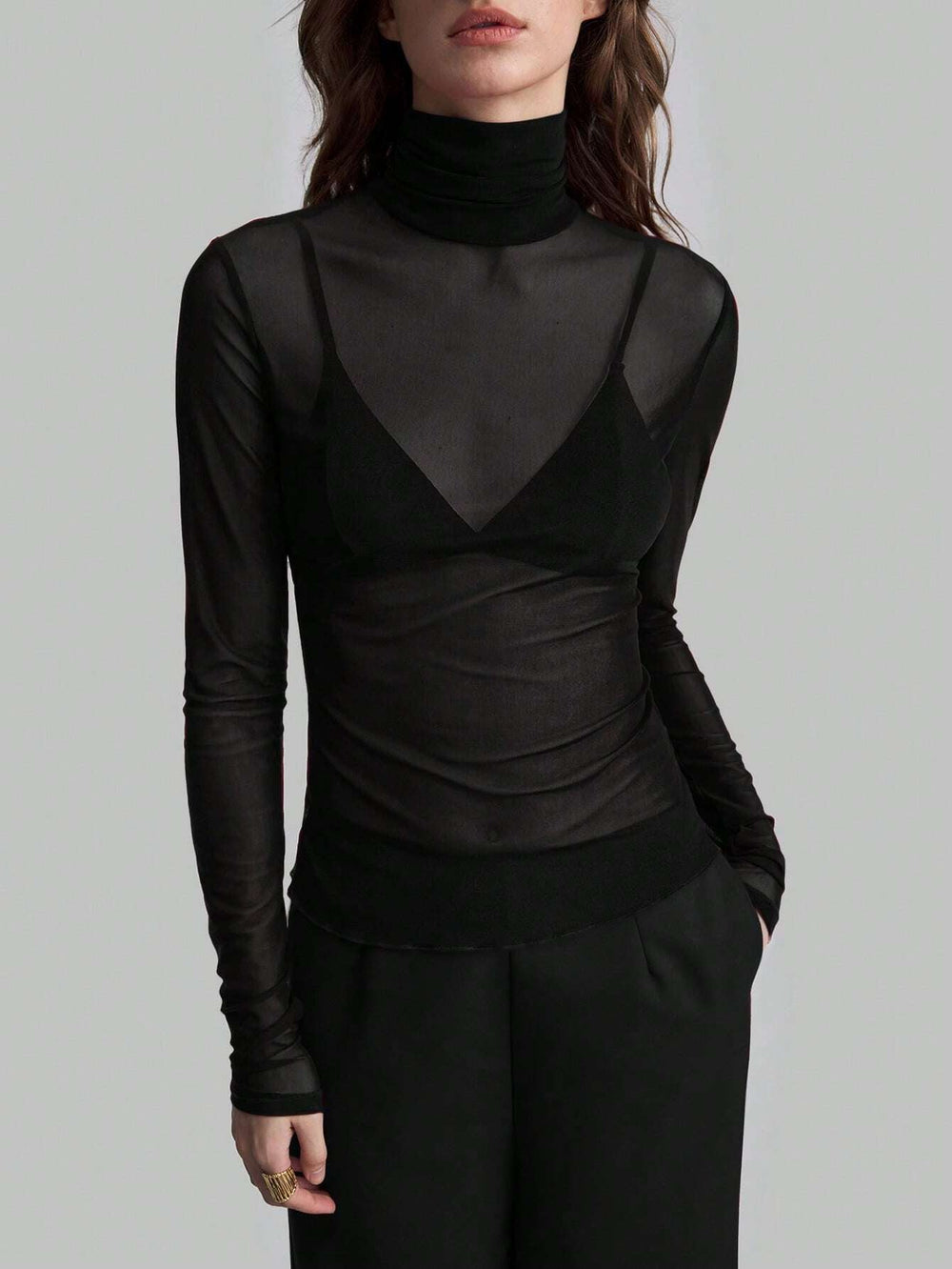 Autumn Winter Stand Collar Solid Color Mesh Slim Fit Slimming Long Sleeves Office Top