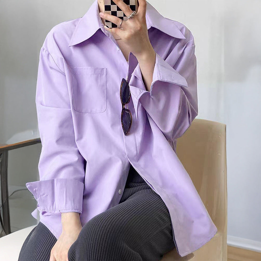 Women Clothing Autumn Winter Casual Vacation Button Solid Color Long Sleeved Shirt