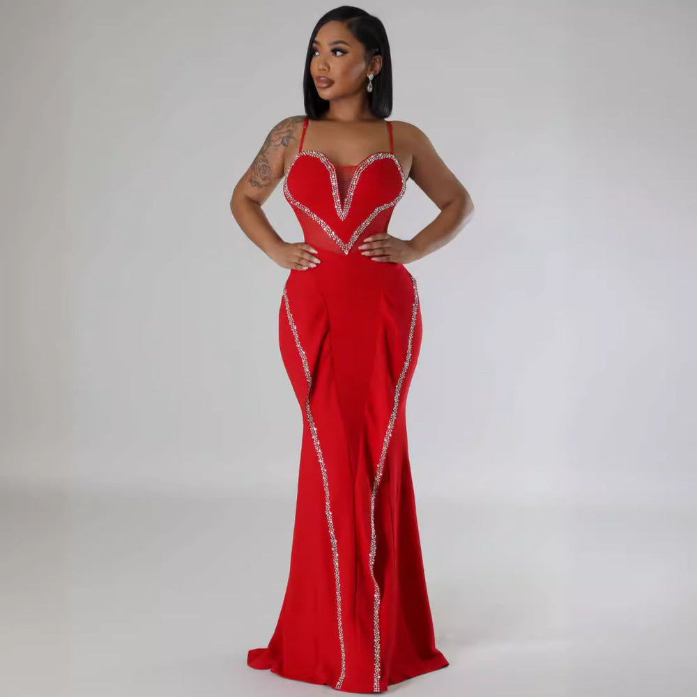 Sexy Rhinestone Mesh See Through Stitching Lace Hip Elastic Sling Dress